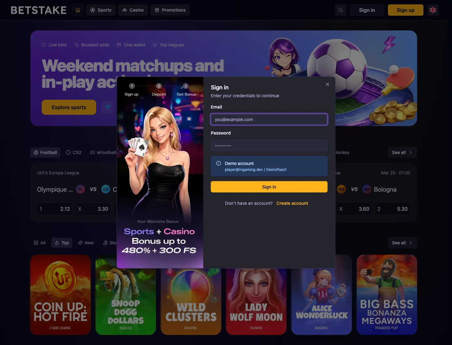 BetStake sign-in modal and account entry UI