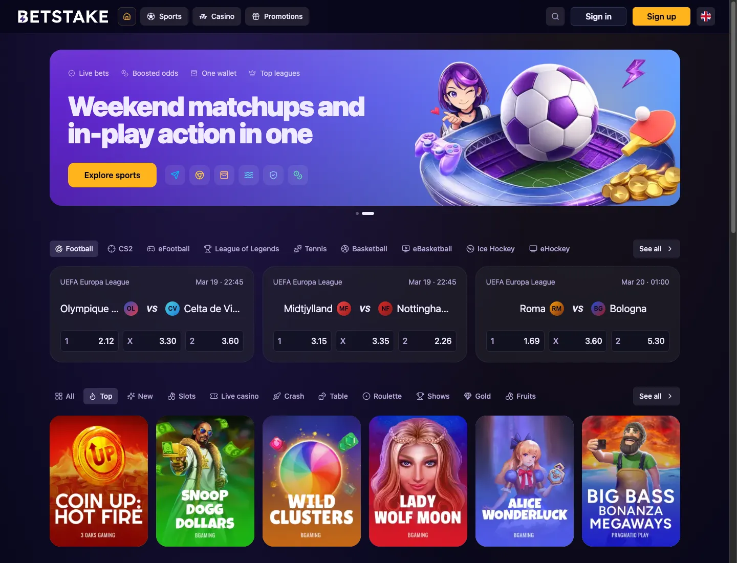 BetStake casino homepage preview