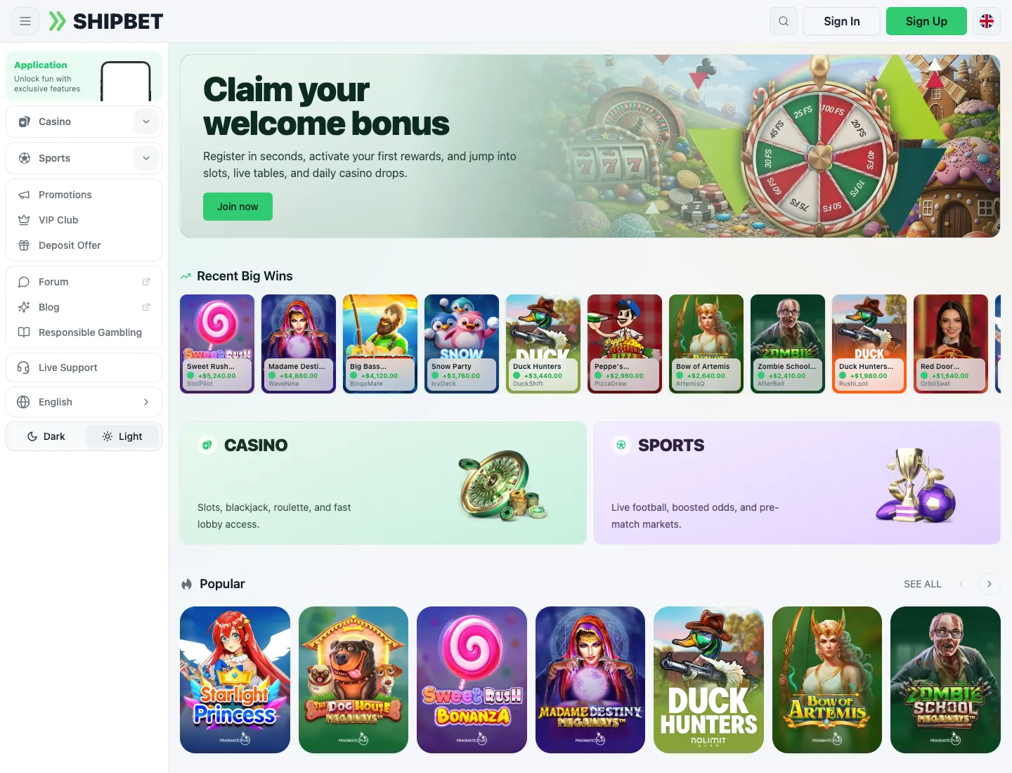ShipBet casino homepage preview